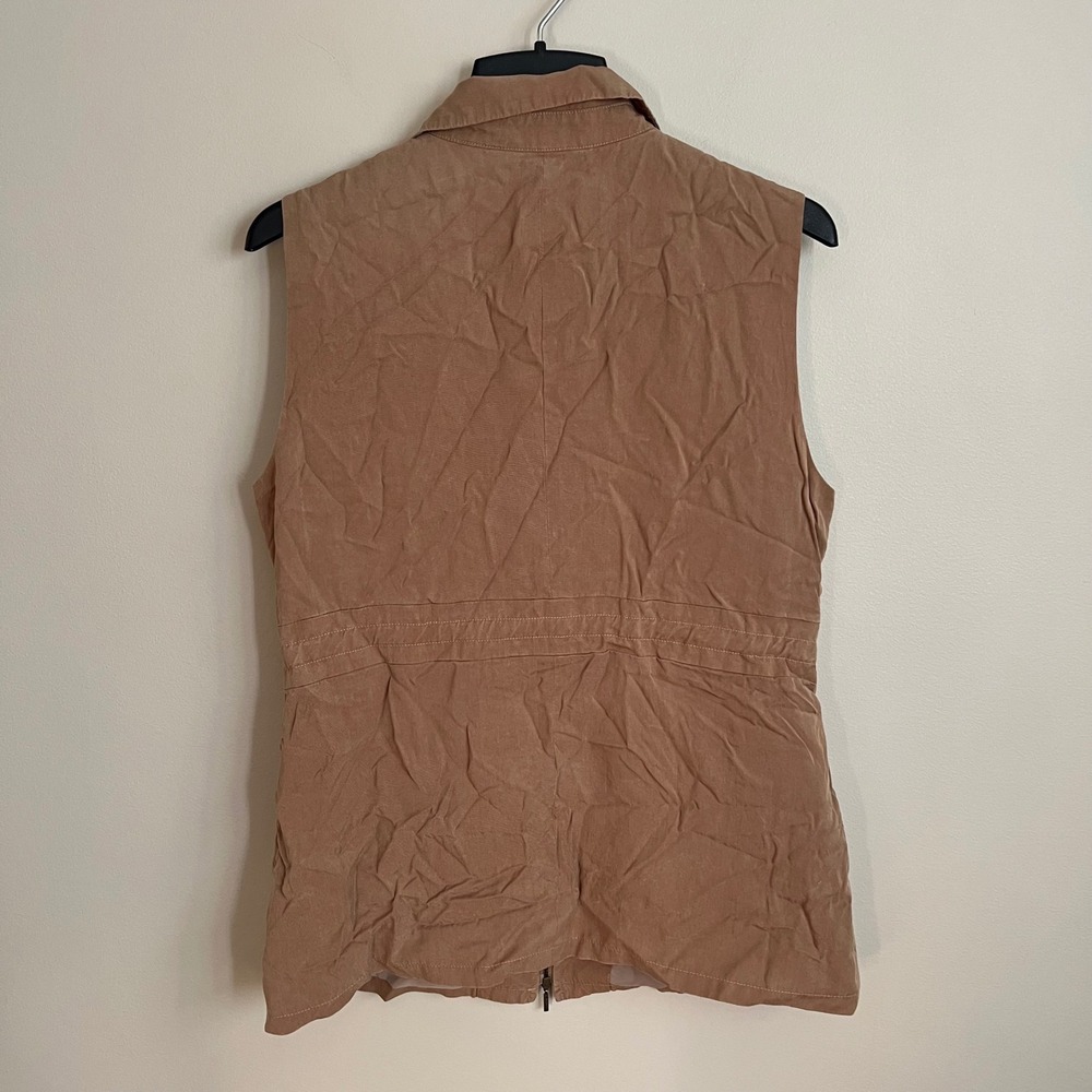 Women Drawstring Waist Full Zip Utility Safari Vest Tan Women L Cargo Military - Picture 7 of 8
